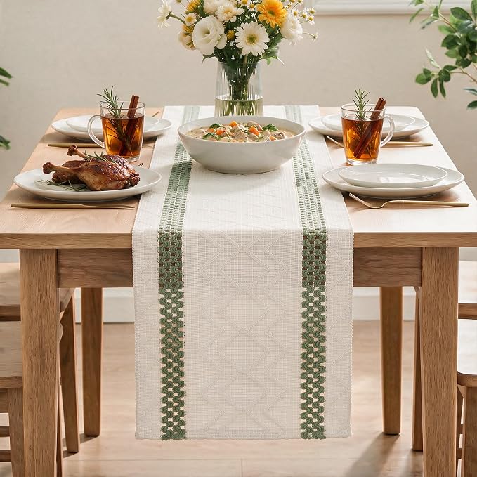 Artoid Mode Sage Green Stripe Woven Rustic Table Runner 12x72 Inch | Holiday - Image 2
