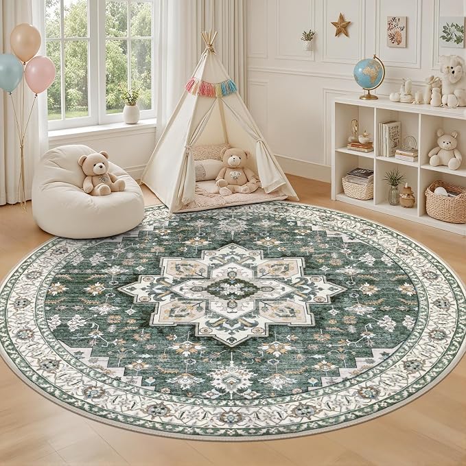 Round Area Rug for Living Room: 8 ft Washable Vintage Boho Soft Thin Circle Rug - Image 5