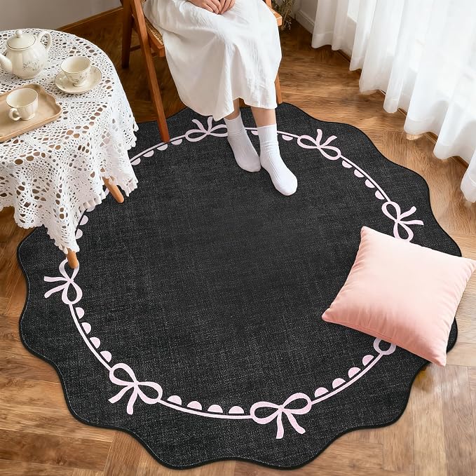 GarveeHome Scalloped Bow Rug for Living Room, 4ft Round Rugs Washable Solid Rug - Image 2