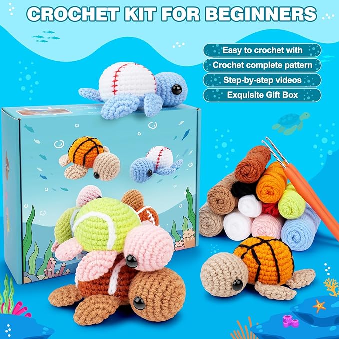 Crochet Kit for Beginners -4 PCS Turtle Crochet Kit with Step-by-Step Video Tutorials, Beginner Crochet Kits for Adults, Animal Crochet Turtle Ball Games Set