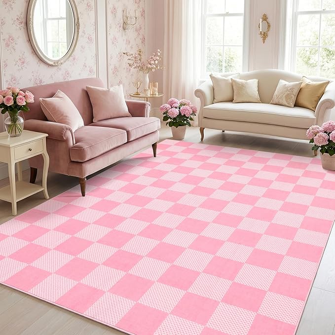 GarveeHome Checkered Blush Pink and White 6x9 Area Rugs Geometric Diamond Dot by GarveeHome