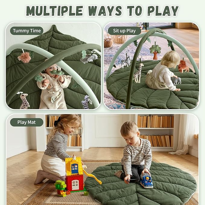 Baby Play Gym with Mat Leaf Shaped, Baby Play Mat with 6 Hanging Toys Tummy Time Mat, Baby Gym Activity Center, Washable (Green)