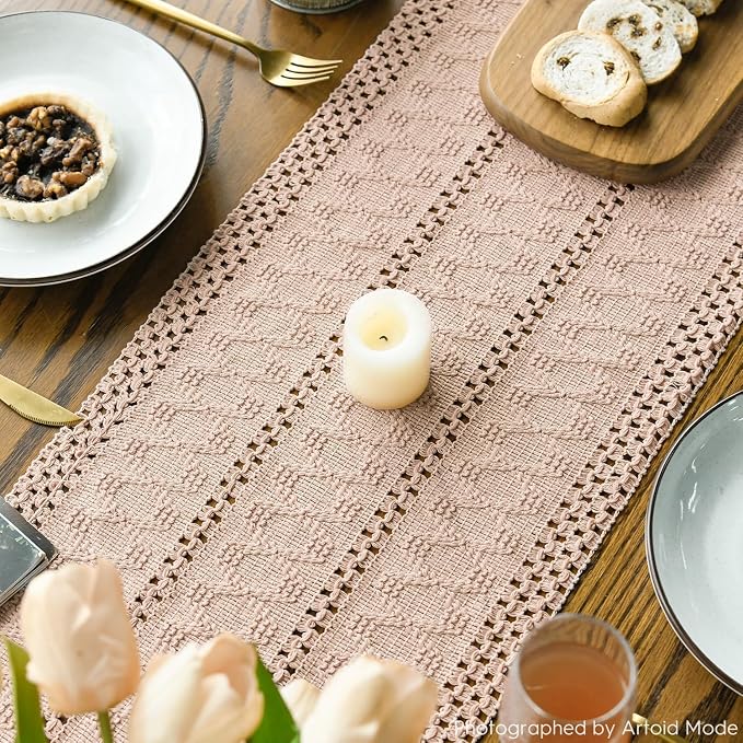 Artoid Mode Pink Woven Farmhouse Hollow Table Runner 12x108 Inch | Holiday - Image 5