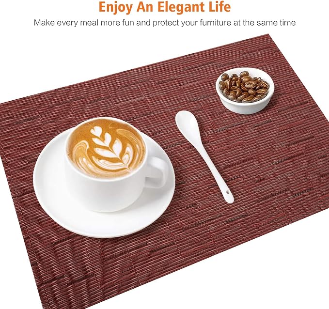 Placemats Set of 6, Vinyl Woven Red Non Slip Table Mats | Heat Resistant - Image 5