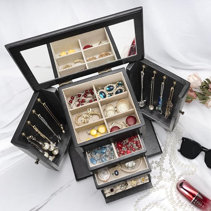 Jewelry Box for Women, Rustic Wooden Jewelry Boxes & Organizers with Mirror, 4 Layer Jewelry Organizer Box Display for Rings Earrings Necklaces Bracelets (Black)