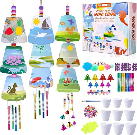 FULAIERGD 3 Pack Wind Chime Making Kit for Kids- Wind Chime Craft Painting Kit-Ceramic Pot, Bells, Stencils and Beads DIY Crafts Gifts for End of Year Student, Christmas, Birthday, Summer Decor