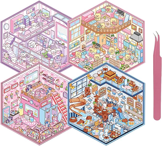 DIY 3D Sticker Scene 4 Sets of Reuseable and Waterproof Stickers Make Your Own Shop Scenes Sticker Cute Miniature Cartoon Stickers for Kids Adult