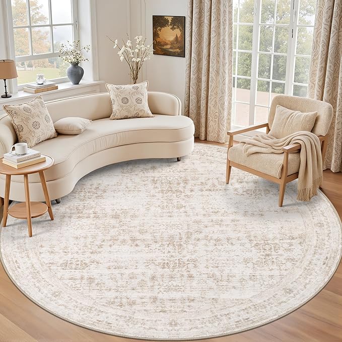 Round Area Rug for Living Room: 4 ft Washable Vintage Boho Soft Thin Circle Rug by EXPEDIX