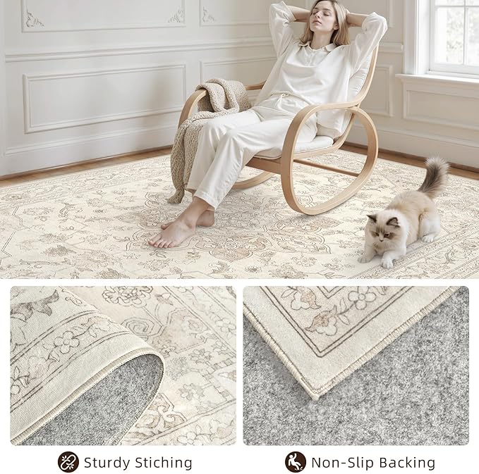 10x12 Area Rug for Living Room: Vintage Boho Neutral Washable Rug Indoor Soft - Image 4