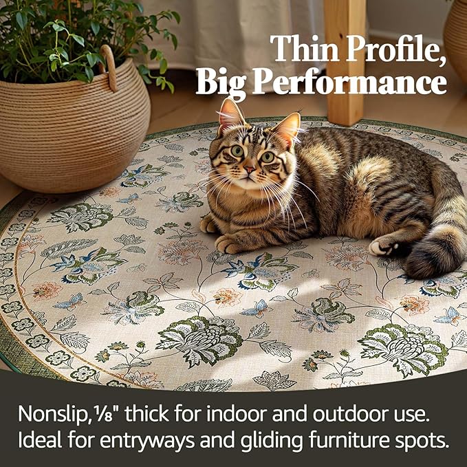 jinchan 8ft Floral Round Rug for Dining Room Washable Living Room Rug Vintage Romance Design Non Slip Indoor Floor Cover Lightweight Low-Profile Throw Carpet for Bedroom Porch Patio, Green/Beige