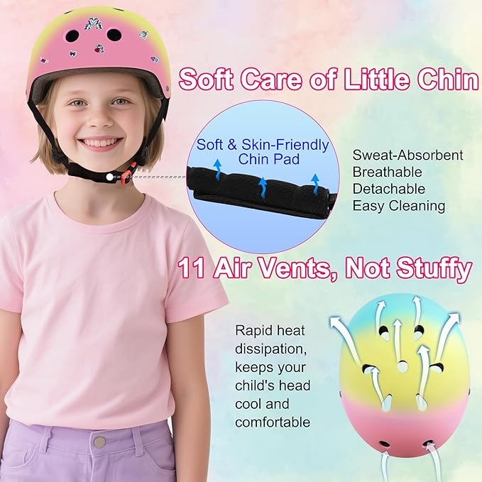 Kids Bike Helmet with DIY Stickers and Knee Pads Elbow Pads Wrist Guard Set for Ages 3-8-14 Toddler Boys Girls Helmet for Roller Skates Cycling Skateboarding Bicycle Scooter