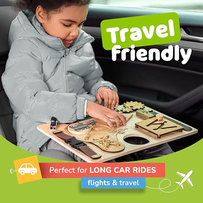 Montessori Busy Board for Toddlers, Premium Wooden Toddler Busy Board for 1 2 3 Year Old with 10 Educational Activities for Fine Motor Skills, Sensory Activity Toy for Travel, Gift for Boys & Girls