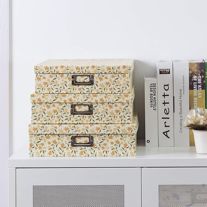 Soul & Lane Decorative Cardboard Storage Boxes With Lids, Set of 3 Nesting Floral Photo Storage for Home Décor and Scrapbook Paper, Memory Boxes For Keepsakes, Documents, Organizing