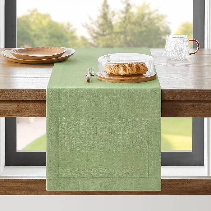 Linen Textured Border Table Runner, 14 x 72 Inch Green | Mitered Corner Design by ZEEMARTONLINE