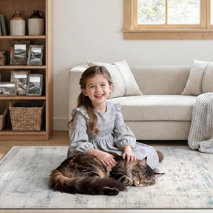 DCX 4x6 Haze Blue Rug, Machine Washable Stain Resistant Distressed Vintage Rug - Image 4