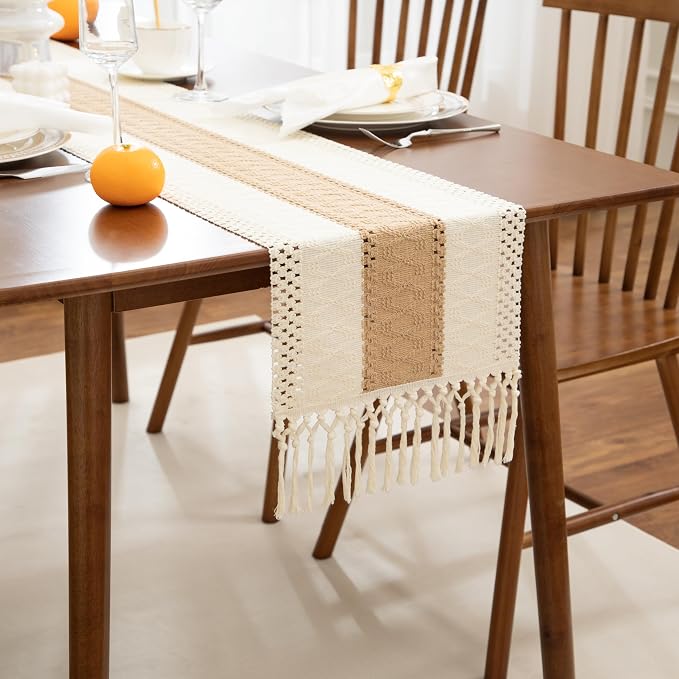 Boho Brown Table Runner, 12x36 Inches | Tassels, Summer Farmhouse, Woven Cotton - Image 6
