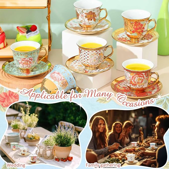 Teenyyou Set of 24 Tea Cups and Saucers Tea Party Decorations Floral Porcelain - Image 4