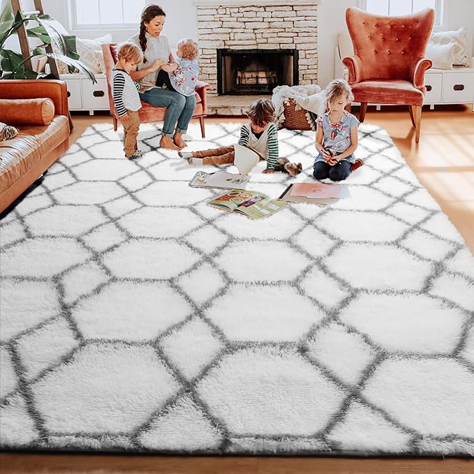 ONASAR 7x9 Area Rugs for Living Room Bedroom, Large Fluffy White and Grey Throw - Image 7
