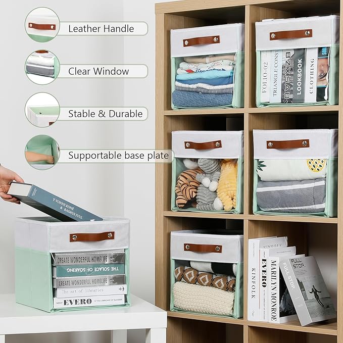 HNZIGE Clear Storage Cubes Bins 11 x 11, Fabric Storage Cube Bins for Storage Organizer,Shelf Storage Bin for Organizing, Cubby Foldable Cube Organizer Bin for Storage Blanket Home(White Green 6PCS)