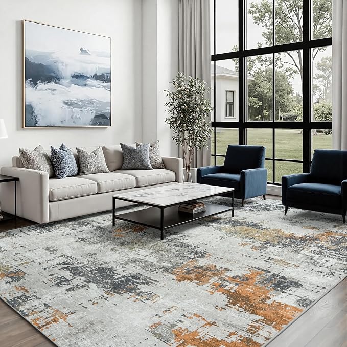 Area Rug 6x9 Living Room Rug Washable: No-Slip Abstract Soft Thin Large Grey - Image 4