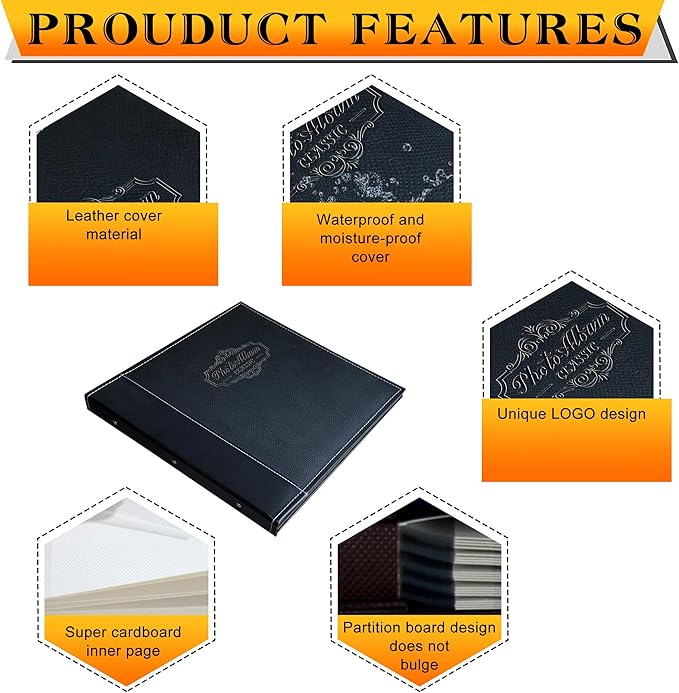 Photo Album Can Hold 3X5, 4X6, 5X7, 6X8, 8X10 Photos, Leather Cover, Magnetic Self-Stick Page, Hand Made DIY Albums (Black, Large)