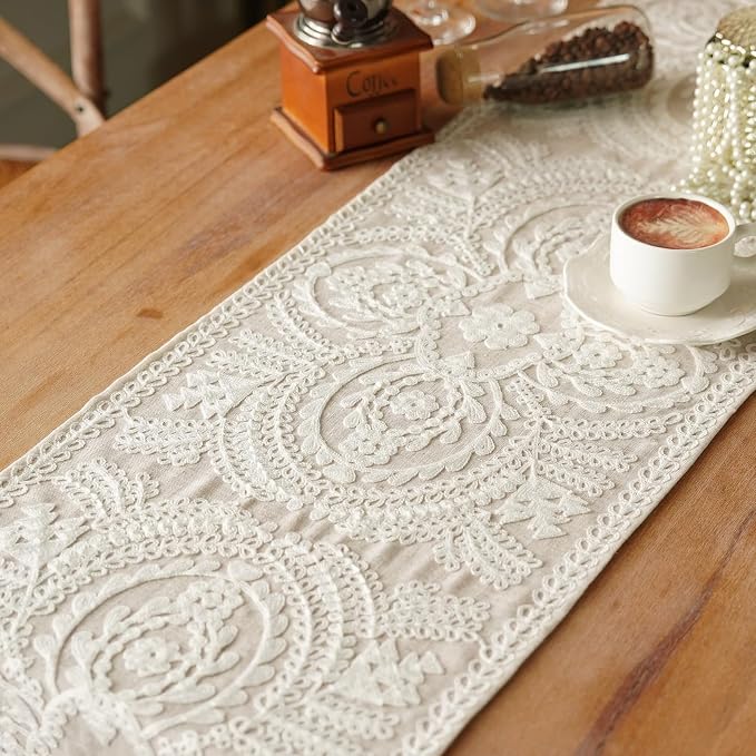 Coffee Table Runner Embroidered Boho Dresser Scarf, 4 Tassel Pendants, Layered - Image 4
