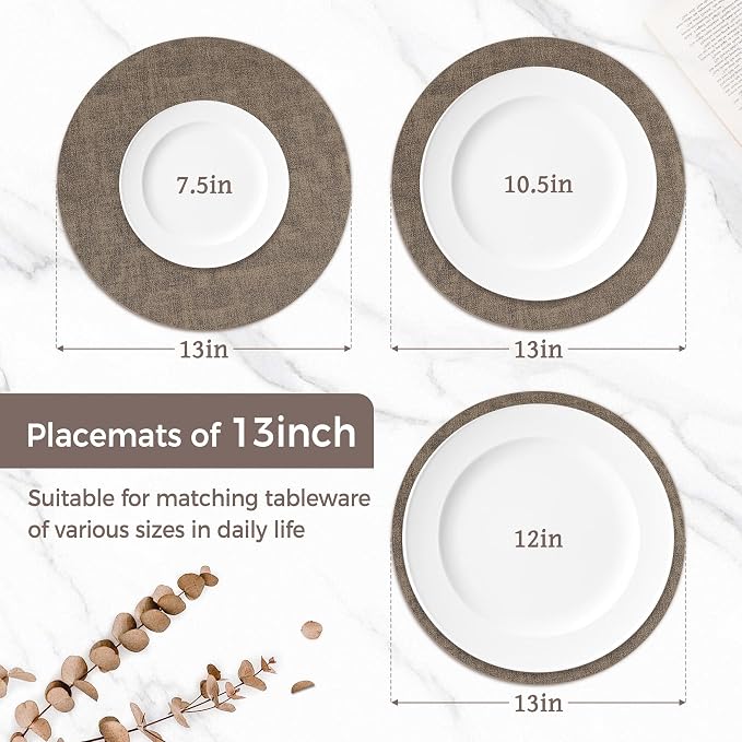 13" Round Placemats Set of 6, Reversible Faux Leather Heat Resistant Table Mats - Image 2
