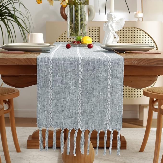 Wracra Rustic Linen Table Runner, Dusty Blue Table Runners 60 inches Long | by Wracra