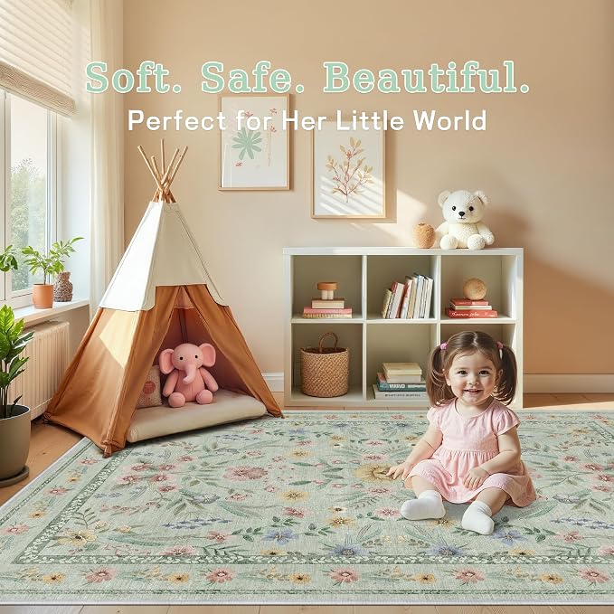 Green Floral Rug for Girls, 6x9 Washable Botanical Bedroom Rug for Nursery - Image 7