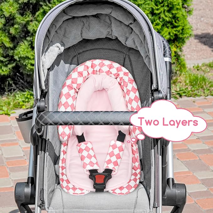 Baby Car Seat Head Support for Newborn, GFU 2 in 1 Infant Car Seat Head Body Support with Strap Pads, Soft Stroller Cushion Pillow Insert for Girls, Fits for Stroller, Swing, Pink