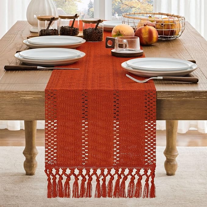Macrame Style Boho Table Runner, 12x60 Inch Dark Orange | Woven Boho Table - Image 2