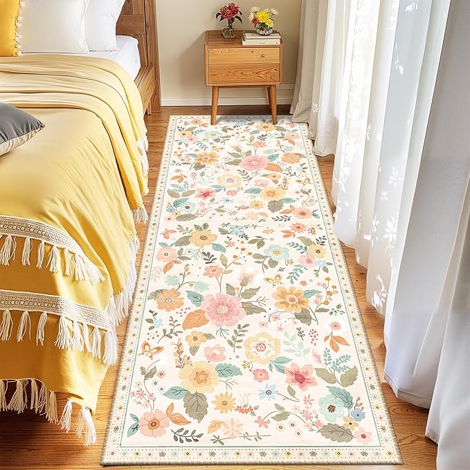 Floral 2x6 Area Rug Machine Washable Soft Print Boho Carpet Non Slip Doormat Low Pile Flower Area Rugs for Living Room Bedroom Nursery Kitchen Dining Room Indoor-Beige/White/Orange
