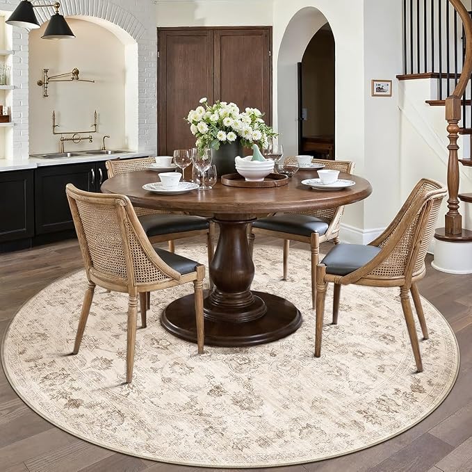 6x6 Washable Neutral Round Rug Beige Vintage Living Room Bedroom Circle Rug - Image 2