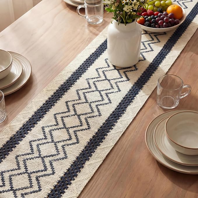 Artoid Mode Dark Blue Stripe Diamond Woven Table Runner 12x90 Inch | Holiday - Image 3