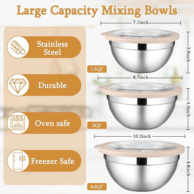LIANYU Mixing Bowls with Visible Lids, 4.6 & 3 & 1.5QT Size, with Airtight Lids - Image 2
