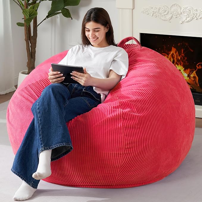 Homguava 3.5FT Bean Bag Chair: Teardrop Bean Bags with Memory Foam Filled, Compact Beanbag Chairs Soft Sofa with Corduroy Cover (Pink)