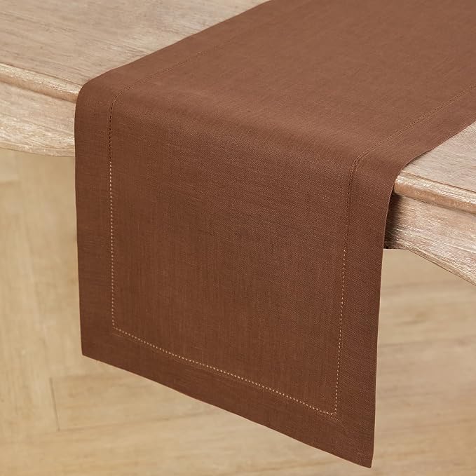 Solino Home 100% Linen Table Runner Brown, Classic Hemstitch 14 x 120 in | - Image 2