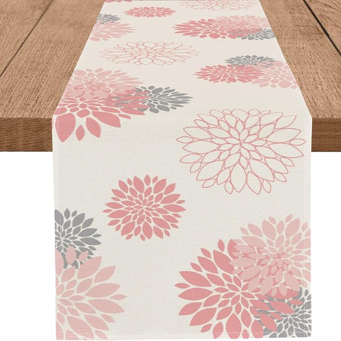 Pink Gray Mother's Day Table Runner Dahlia Pinnata Flower Beige Table Runners by WHOMEAF