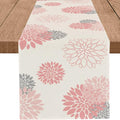 Pink Gray Mother's Day Table Runner Dahlia Pinnata Flower Beige Table Runners by WHOMEAF