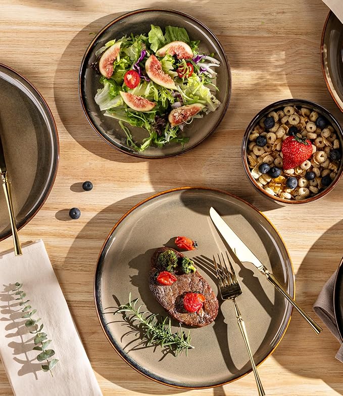Ceramic Dinnerware Set for 4, 12-Piece Plates and Bowls Set | Handmade Reactive - Image 4