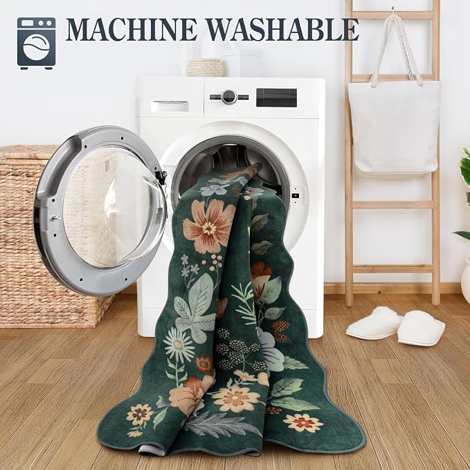 Lahome Floral Washable Rug- 4x6ft Green Bedroom Girls Ultra-Thin Soft Living - Image 4
