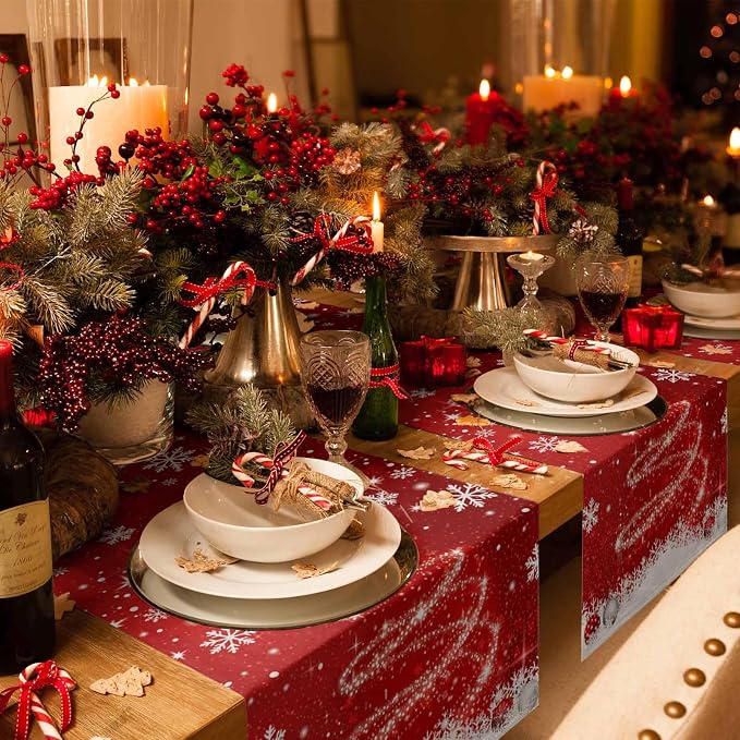 Red Christmas Table Runner 36 Inches Long, Xmas Tree Balls Snowflake Table - Image 6