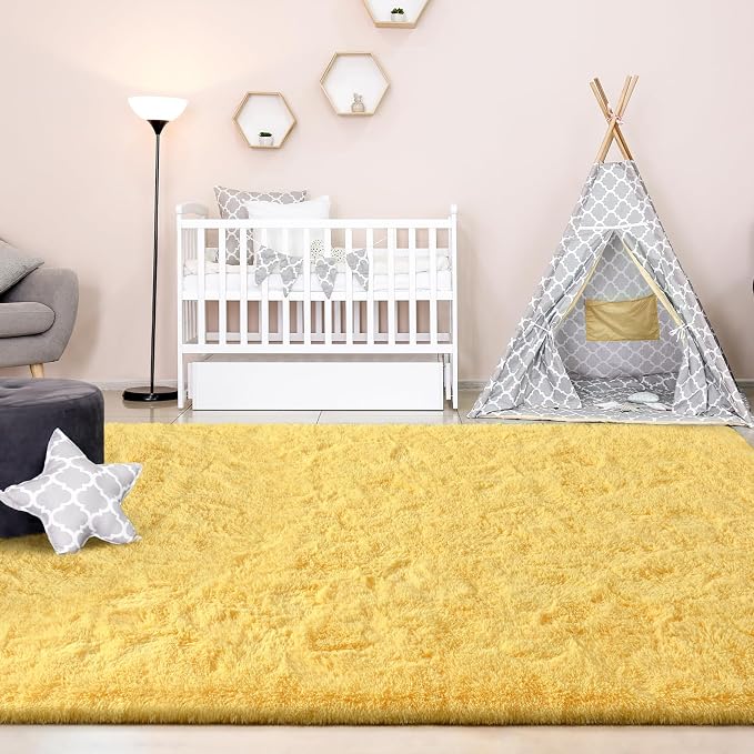 FlyDOIT Large Area Rugs for Living Room, 4x6 Feet Yellow Shaggy Rug Fluffy - Image 4