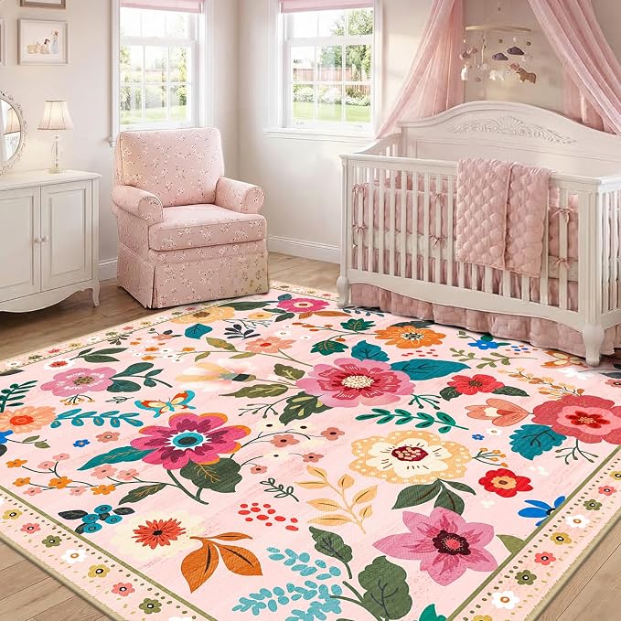 RELEANY Floral Square 8ft Area Rugs Washable Print Boho Cute Carpet Non Slip - Image 2