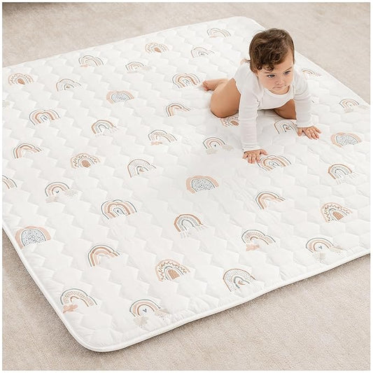 Comfy Cubs Square Kids Play Mat - 56 x 56 inches Soft Quilted Baby Floor Mat with Non-Slip Bottom - Plush Design for Toddlers' Playtime and Relaxation - Comfortable and Durable - Rainbow