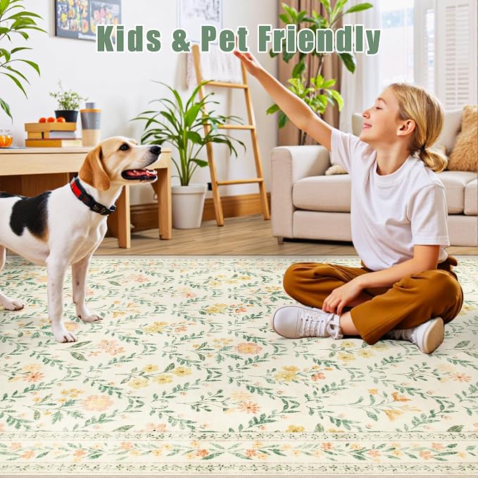 Round Area Rug for Living Room: 8 ft Floral Washable Circle Rug Soft Boho - Image 6