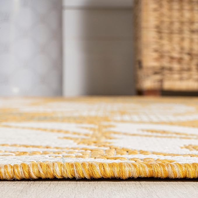 JONATHAN Y Floral Textured Weave Indoor Outdoor Round Area Rug 5 Ft Yellow/Cream - Image 6