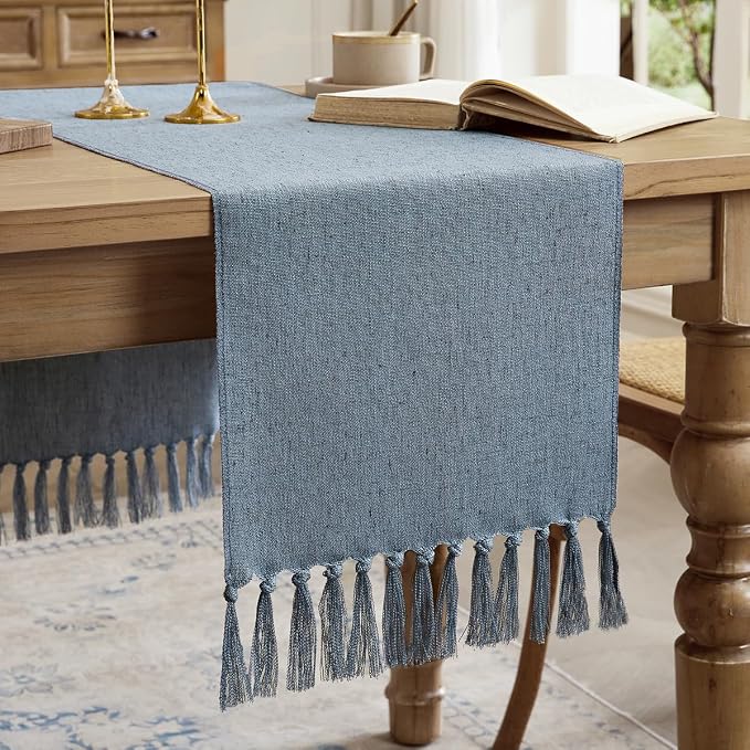 Cotton Linen Table Runner, 13x36 Inch, Dusty Blue by Aoztio