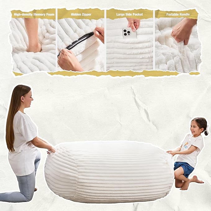 Hobestluk 4FT Bean Bag Chairs Adult Bean Bag with Portable Handle Comfy Large Bean Bag Chair with Removable Cover for Living Room Bedroom or Reading Nook (Stripe White, 4FT)