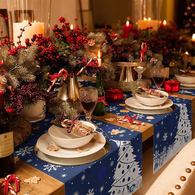 Navy Blue Christmas Tree Table Runner 108 Inches Long, Xmas Balls Snowflake - Image 6